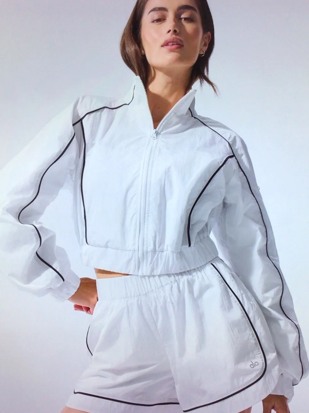 ALO Yoga Set White Cropped Bomber Jacket with Short - Picture 1 of 7